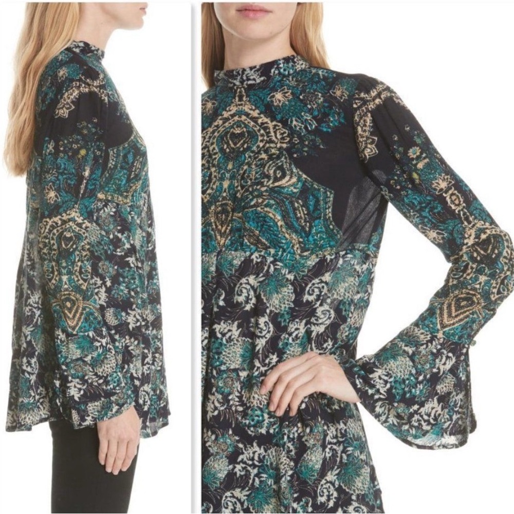 Free People Lady Luck Boho Tunic XS — Green / Navy Paisley Bell Sleeve Blouse